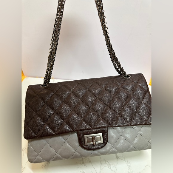 💎Authentic CHANEL Sold
Bi-Color Brown/Grey Leather  QuiltedClassicFlap - Picture 1 of 16